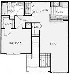 Floor plan for 1 bed, 1 bath, 753 sqft